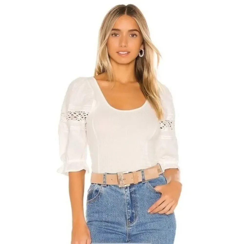 Free People Something Special Tee Size S Ivory Stretch Floral Lace Puff Sleeve